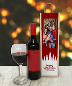 Personalised Wine Box Merry Christmas & Happy New Year Red Trees Photo Upload