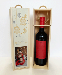 Alternative view of Personalised Wine Box Baubles & Snowflakes Cream Photo Upload