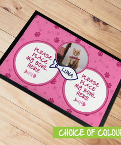 Personalised Pet Cat Mat With Bowls Photo Upload- Choice Of Colours