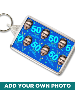 Birthday & Age Champagne Blue Personalised Photo Keyring
