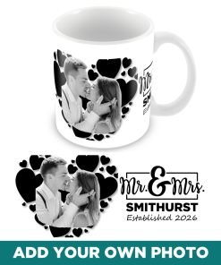Mr And Mrs Black and White Personalised Wedding Anniversary Valentines Day Photo Mug