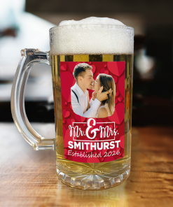 Personalised Beer Glass Mr & Mrs Add Any Surname & Year