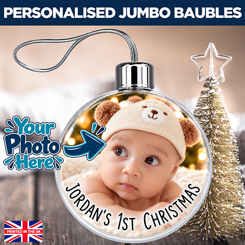 Any Name's First Christmas Any Photo & Text Upload - Jumbo Acrylic Bauble - Image 2