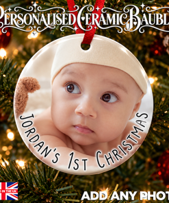 Alternative view of Any Name's First Christmas - Photo & Any Text Ceramic Bauble