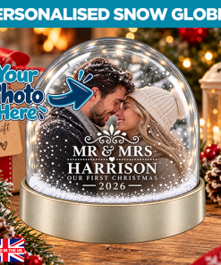 Personalised Snow Globe - Mr & Mrs Any Surname Our First Christmas 2026