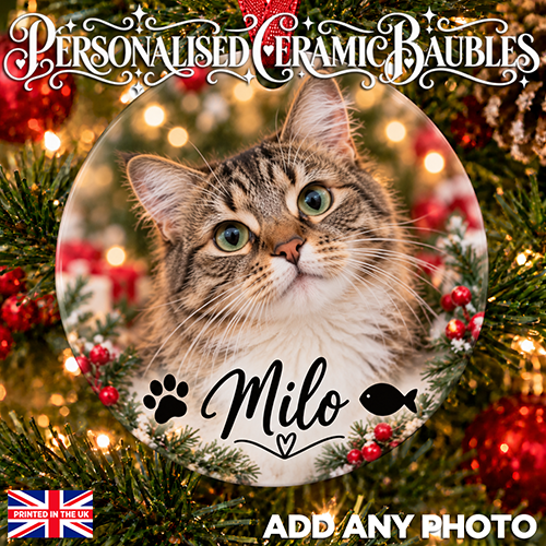 Pet Cat Photo & Name - Ceramic Bauble - Image 2