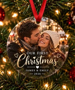 Our First Christmas 2026 - Photo & Couple's Name Ceramic Bauble
