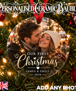 Alternative view of Our First Christmas 2026 - Photo & Couple's Name Ceramic Bauble