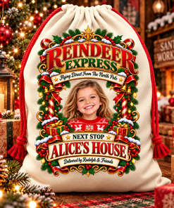 Alternative view of Personalised Christmas Santa Sack Any Photo - Reindeer Express Next Stop Any Name's House