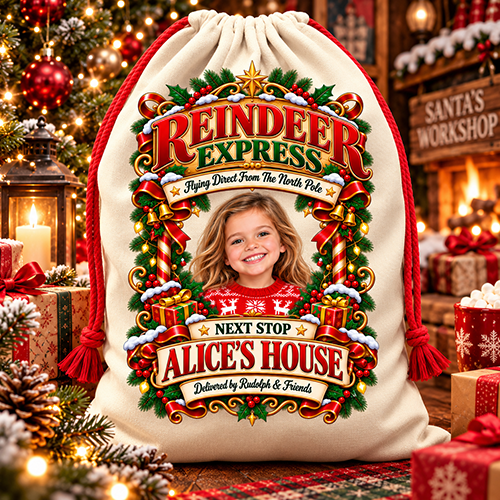 Personalised Christmas Santa Sack Any Photo - Reindeer Express Next Stop Any Name's House - Image 2