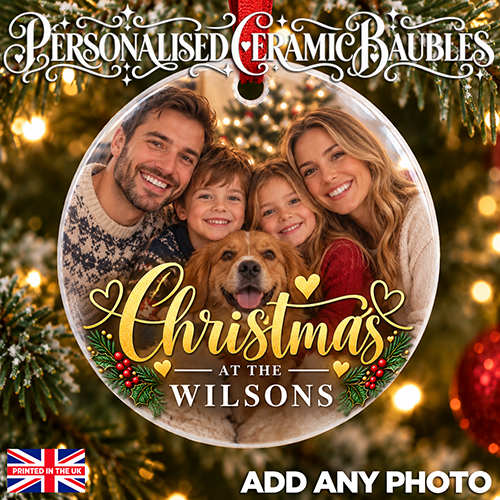 Christmas At The Any Surname's - Photo & Name Ceramic Bauble - Image 2