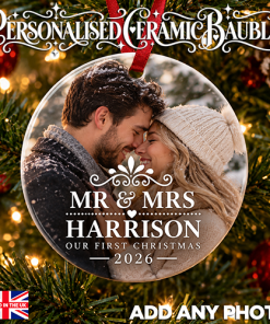 Alternative view of Mr & Mrs Any Surname's First Christmas 2026 - Ceramic Bauble
