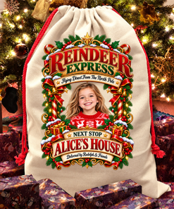 Personalised Christmas Santa Sack Any Photo - Reindeer Express Next Stop Any Name's House